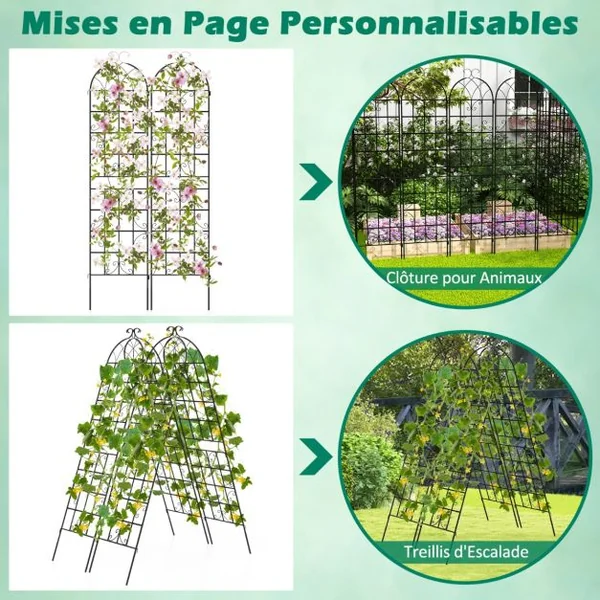 Lot de 2 Treillis de Jardin en Métal 220x50 cm Clôture Décorative pour Plante Grimpante Grille Fleurs Antirouille pour Jardin Noir