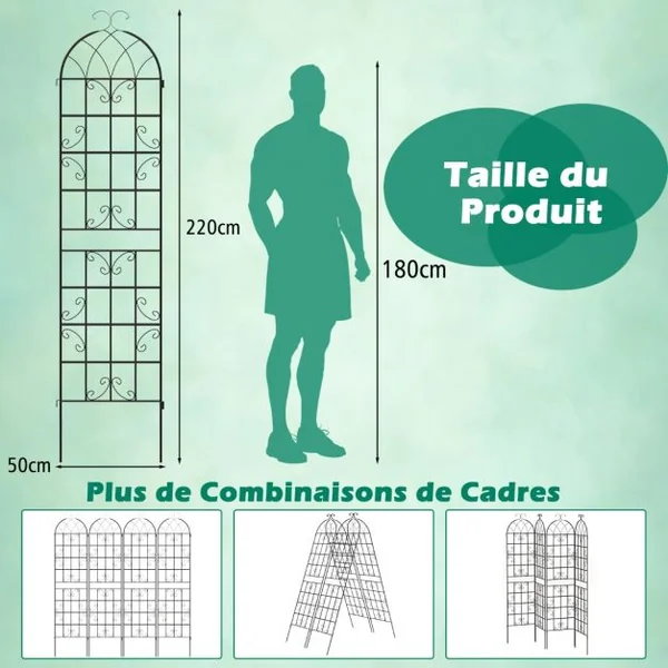Lot de 2 Treillis de Jardin en Métal 220x50 cm Clôture Décorative pour Plante Grimpante Grille Fleurs Antirouille pour Jardin Noir