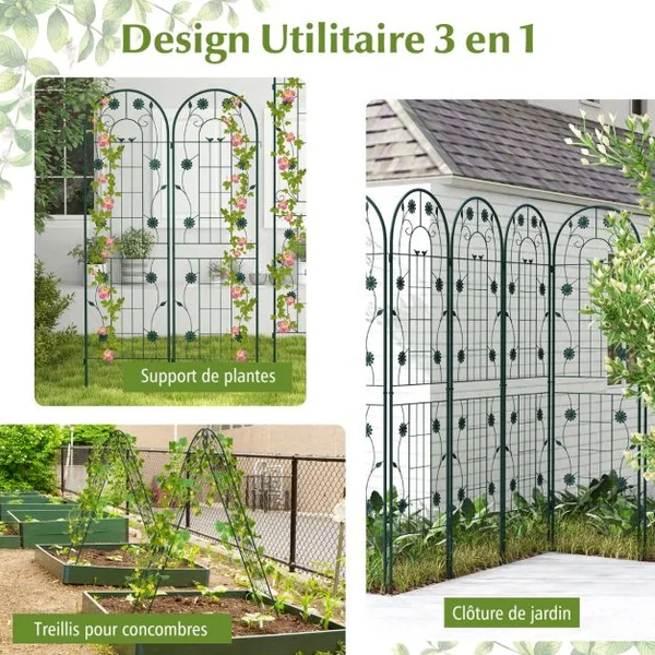 Lot de 2 Treillis de Jardin en Métal 220x50cm Clôture Décorative pour Plante Grimpante Grille Fleurs Antirouille pour Jardin Vert