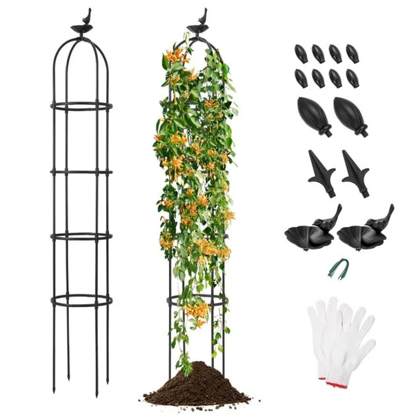 Lot de 2 Treillis Obélisque de Jardin en Métal Hauteur Réglable 4 Styles de Têtes Décoratives Plantes Grimpantes 31x176CM Noir