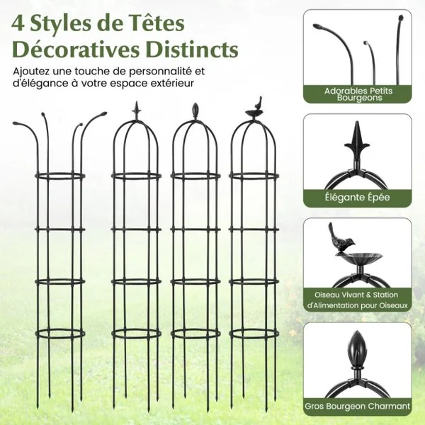Lot de 2 Treillis Obélisque de Jardin en Métal Hauteur Réglable 4 Styles de Têtes Décoratives Plantes Grimpantes 31x176CM Noir
