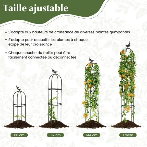 Lot de 2 Treillis Obélisque de Jardin en Métal Hauteur Réglable 4 Styles de Têtes Décoratives Plantes Grimpantes 31x176CM Noir
