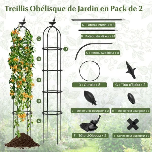 Lot de 2 Treillis Obélisque de Jardin en Métal Hauteur Réglable 4 Styles de Têtes Décoratives Plantes Grimpantes 31x176CM Noir