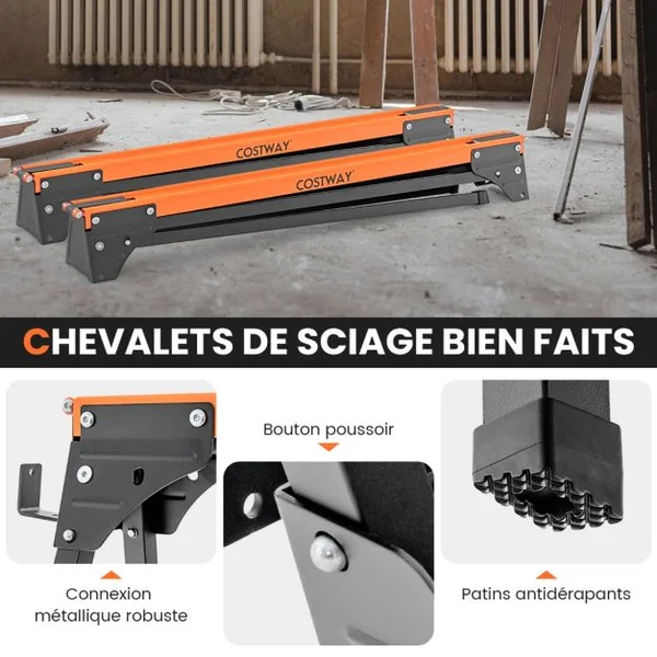 Lot de 2 Tréteaux de Sciage Pliables Métalliques Charge 500 kg Tréteaux avec 2x4 Bras de Support Pieds à Ouverture Rapide 96,5 x 47 x 76 cm Orange