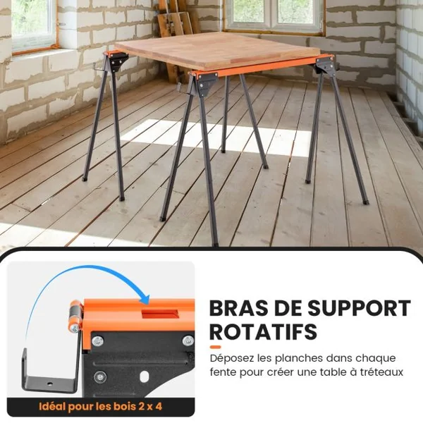 Lot de 2 Tréteaux de Sciage Pliables Métalliques Charge 500 kg Tréteaux avec 2x4 Bras de Support Pieds à Ouverture Rapide 96,5 x 47 x 76 cm Orange
