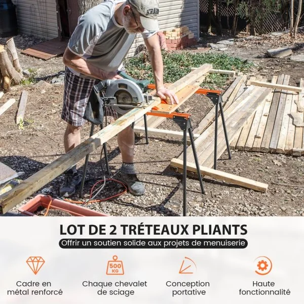 Lot de 2 Tréteaux de Sciage Pliables Métalliques Charge 500 kg Tréteaux avec 2x4 Bras de Support Pieds à Ouverture Rapide 96,5 x 47 x 76 cm Orange
