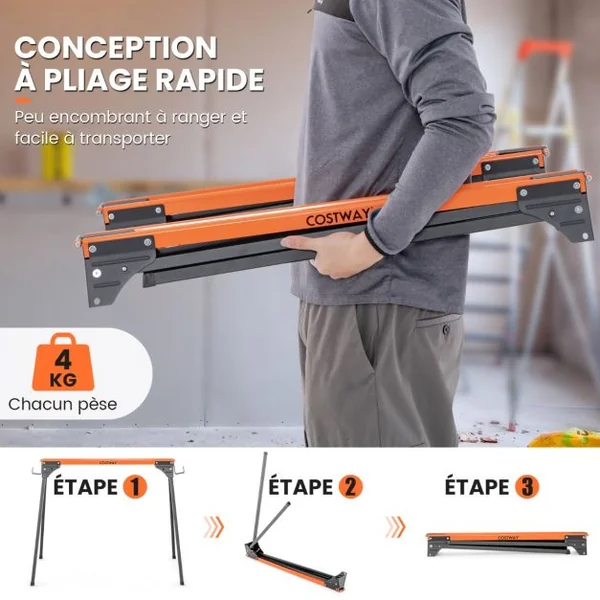 Lot de 2 Tréteaux de Sciage Pliables Métalliques Charge 500 kg Tréteaux avec 2x4 Bras de Support Pieds à Ouverture Rapide 96,5 x 47 x 76 cm Orange