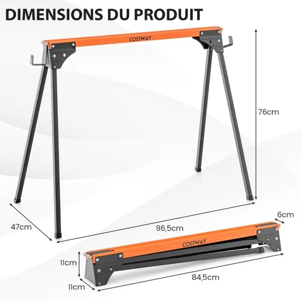Lot de 2 Tréteaux de Sciage Pliables Métalliques Charge 500 kg Tréteaux avec 2x4 Bras de Support Pieds à Ouverture Rapide 96,5 x 47 x 76 cm Orange