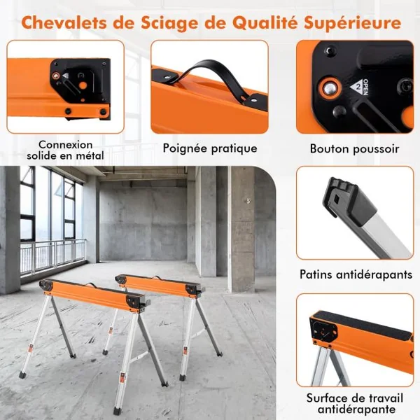 Lot de 2 Tréteaux de Sciage Pliables Métalliques Charge 500 kg Tréteaux Portable avec 2x4 Bras de Support Piquets Rabattables 106 x 76 x 59 cm Orange
