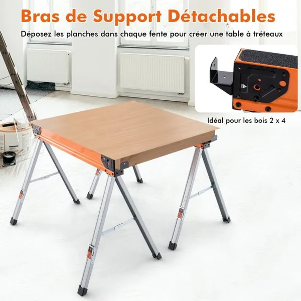 Lot de 2 Tréteaux de Sciage Pliables Métalliques Charge 500 kg Tréteaux Portable avec 2x4 Bras de Support Piquets Rabattables 106 x 76 x 59 cm Orange