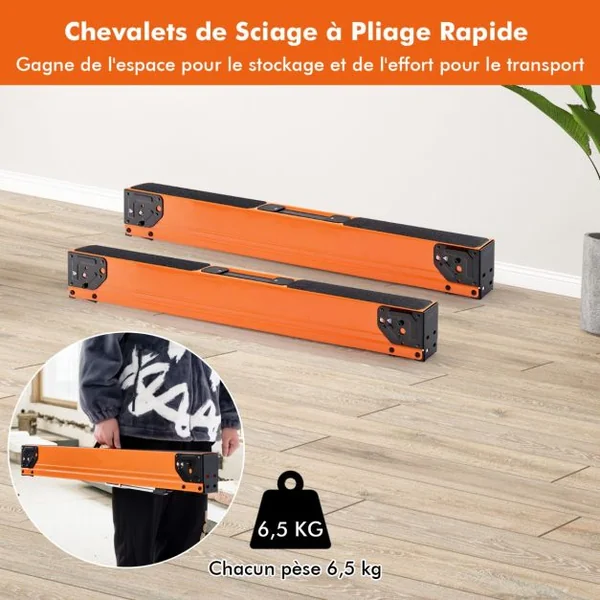 Lot de 2 Tréteaux de Sciage Pliables Métalliques Charge 500 kg Tréteaux Portable avec 2x4 Bras de Support Piquets Rabattables 106 x 76 x 59 cm Orange