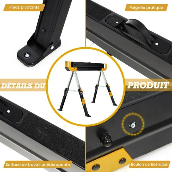 Lot de 2 Tréteaux Métalliques Pieds Antidérapants Hauteur A justable 61,5 à 82,7 cm Jaune/Rouge