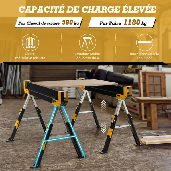 Lot de 2 Tréteaux Métalliques Pieds Antidérapants Hauteur A justable 61,5 à 82,7 cm Jaune/Rouge