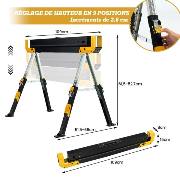 Lot de 2 Tréteaux Métalliques Pieds Antidérapants Hauteur A justable 61,5 à 82,7 cm Jaune/Rouge