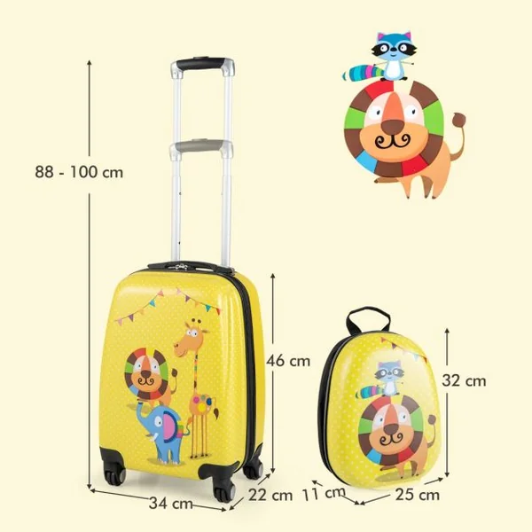 Lot de 2 Valise Cabine Enfant + Sac à Dos Bagages Enfant pour Garçons Filles avec Poignée Rétractable 88-100cm Valise Lion