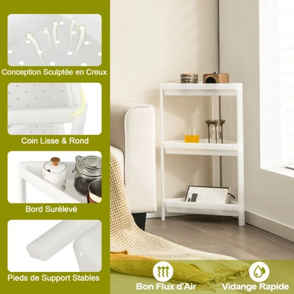 Lot de 2 Étagère de Rangement à 3 Niveaux 33x33x70CM avec Trous de Drainage pour Cuisine étroits Salle de Bain Blanc
