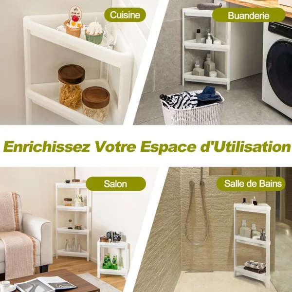 Lot de 2 Étagère de Rangement à 3 Niveaux 33x33x70CM avec Trous de Drainage pour Cuisine étroits Salle de Bain Blanc