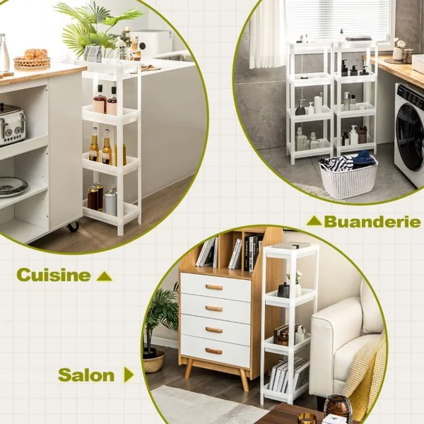 Lot de 2 Étagères de Rangement à 4 Niveaux 36x23x99,5CM avec Trous de Drainage pour Cuisine étroits Salle de Bain Blanc