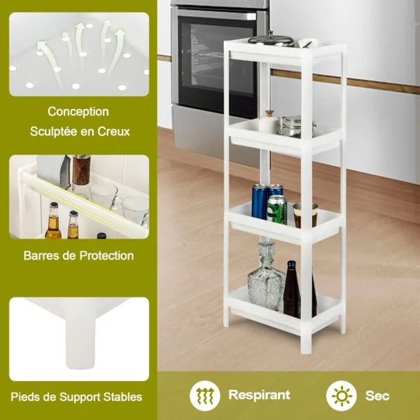 Lot de 2 Étagères de Rangement à 4 Niveaux 36x23x99,5CM avec Trous de Drainage pour Cuisine étroits Salle de Bain Blanc