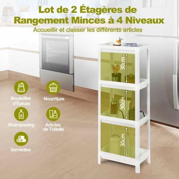 Lot de 2 Étagères de Rangement à 4 Niveaux 36x23x99,5CM avec Trous de Drainage pour Cuisine étroits Salle de Bain Blanc