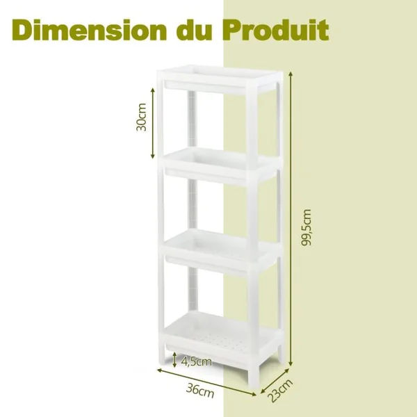 Lot de 2 Étagères de Rangement à 4 Niveaux 36x23x99,5CM avec Trous de Drainage pour Cuisine étroits Salle de Bain Blanc