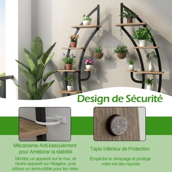 Lot de 2 Étagères à Fleurs en Métal à 7 Niveaux Porte Plantes en Forme de Demi-lune avec Dispositif Anti-renversement 60 x 30 x 155 CM Blanc/Naturel