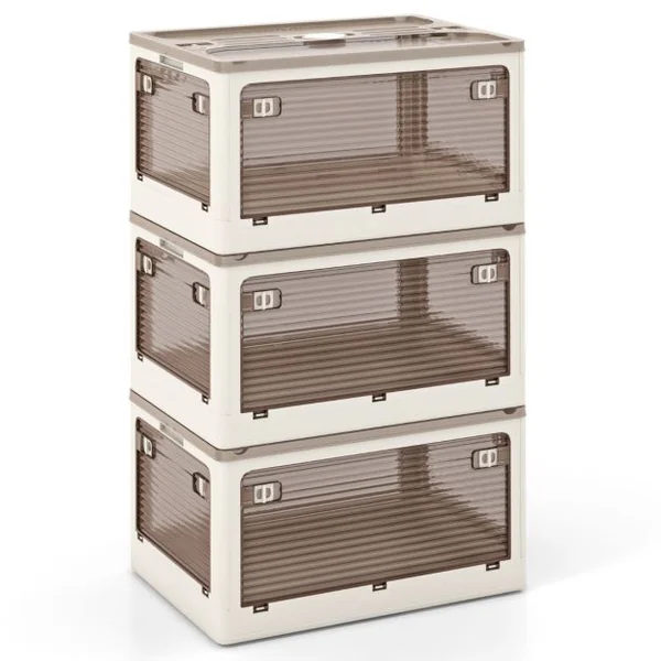 Lot de 3 Bacs de Rangement Empilables avec Couvercles de 132L Boîte de Rangement Mobile et Pliable en Plastique Ouverture sur 5 Côtés