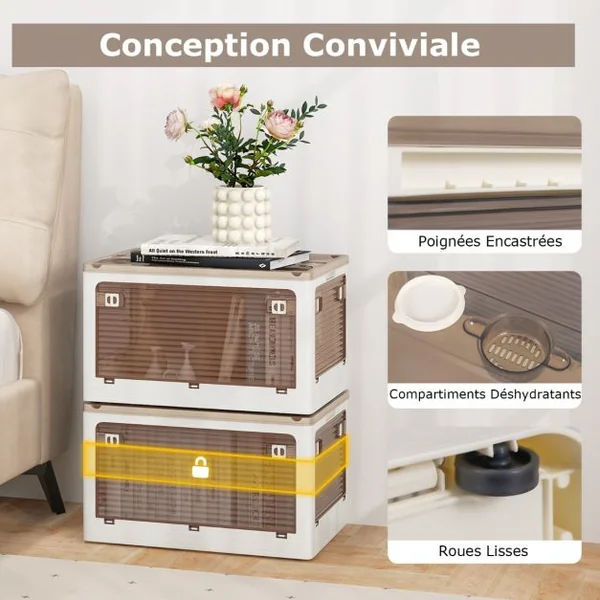 Lot de 3 Bacs de Rangement Empilables avec Couvercles de 132L Boîte de Rangement Mobile et Pliable en Plastique Ouverture sur 5 Côtés