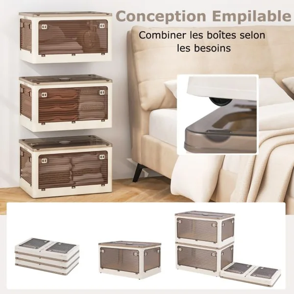 Lot de 3 Bacs de Rangement Empilables avec Couvercles de 132L Boîte de Rangement Mobile et Pliable en Plastique Ouverture sur 5 Côtés