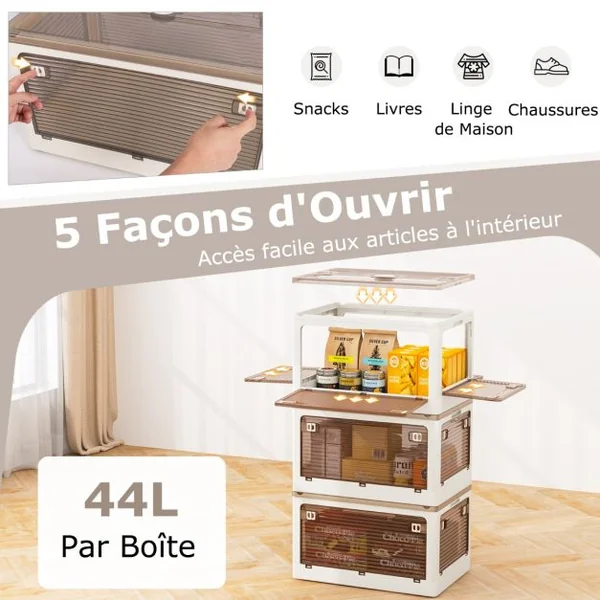 Lot de 3 Bacs de Rangement Empilables avec Couvercles de 132L Boîte de Rangement Mobile et Pliable en Plastique Ouverture sur 5 Côtés