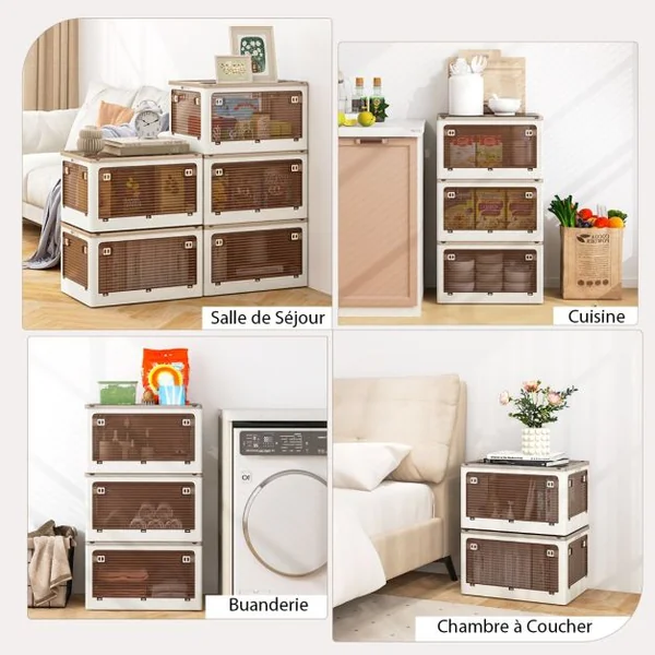 Lot de 3 Bacs de Rangement Empilables avec Couvercles de 132L Boîte de Rangement Mobile et Pliable en Plastique Ouverture sur 5 Côtés