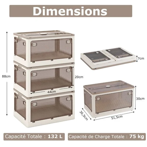 Lot de 3 Bacs de Rangement Empilables avec Couvercles de 132L Boîte de Rangement Mobile et Pliable en Plastique Ouverture sur 5 Côtés