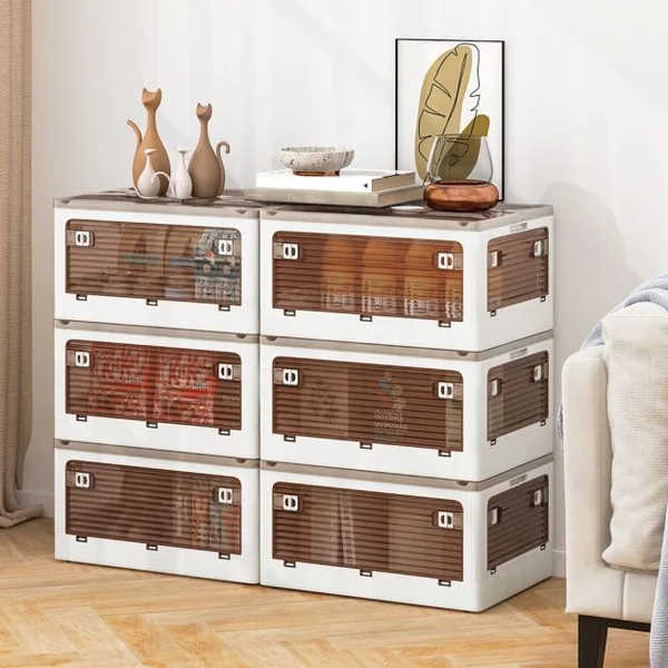 Lot de 3 Bacs de Rangement Empilables avec Couvercles de 90L Boîte de Rangement Mobile et Pliable en Plastique Ouverture sur 5 Côtés