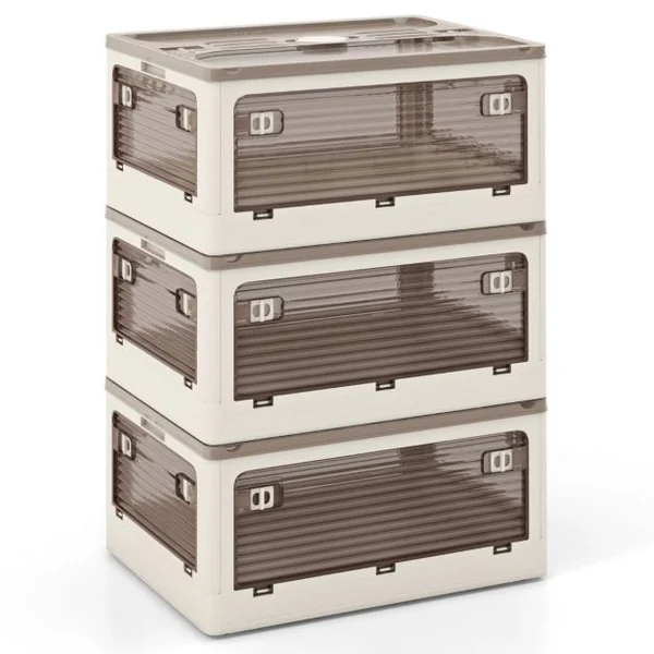 Lot de 3 Bacs de Rangement Empilables avec Couvercles de 90L Boîte de Rangement Mobile et Pliable en Plastique Ouverture sur 5 Côtés