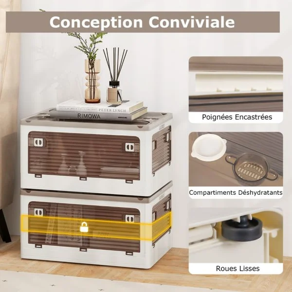 Lot de 3 Bacs de Rangement Empilables avec Couvercles de 90L Boîte de Rangement Mobile et Pliable en Plastique Ouverture sur 5 Côtés