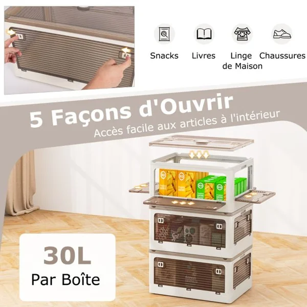 Lot de 3 Bacs de Rangement Empilables avec Couvercles de 90L Boîte de Rangement Mobile et Pliable en Plastique Ouverture sur 5 Côtés