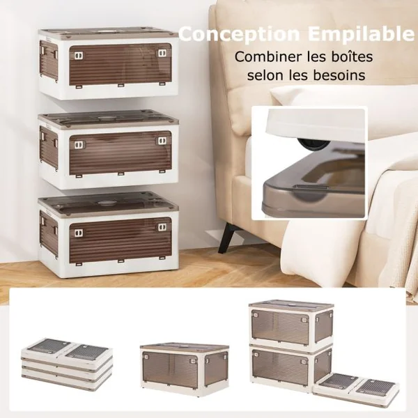 Lot de 3 Bacs de Rangement Empilables avec Couvercles de 90L Boîte de Rangement Mobile et Pliable en Plastique Ouverture sur 5 Côtés