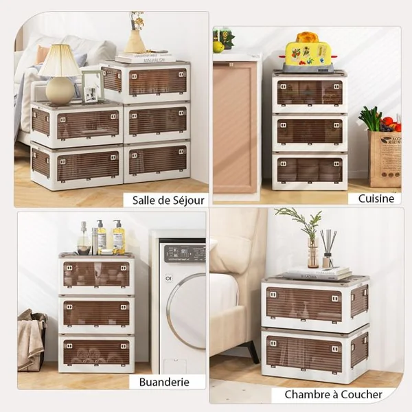 Lot de 3 Bacs de Rangement Empilables avec Couvercles de 90L Boîte de Rangement Mobile et Pliable en Plastique Ouverture sur 5 Côtés