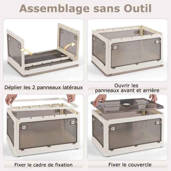 Lot de 3 Bacs de Rangement Empilables avec Couvercles de 90L Boîte de Rangement Mobile et Pliable en Plastique Ouverture sur 5 Côtés