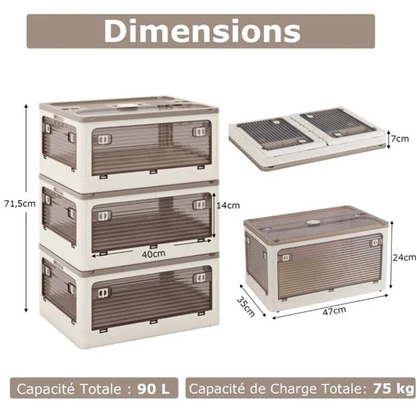Lot de 3 Bacs de Rangement Empilables avec Couvercles de 90L Boîte de Rangement Mobile et Pliable en Plastique Ouverture sur 5 Côtés