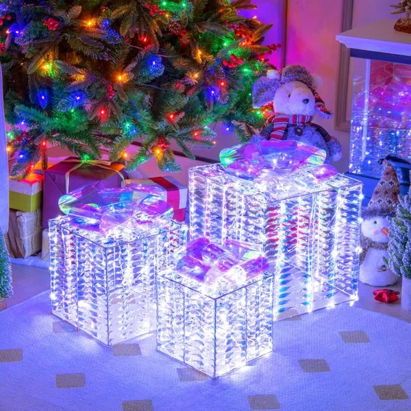 Lot de 3 Boîtes Cadeaux Irisées de Noël Boîtes Cadeaux Éclairées 156 Lumières LED Blanches Froides avec Nœuds Piquets de Sol
