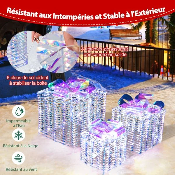 Lot de 3 Boîtes Cadeaux Irisées de Noël Boîtes Cadeaux Éclairées 156 Lumières LED Blanches Froides avec Nœuds Piquets de Sol