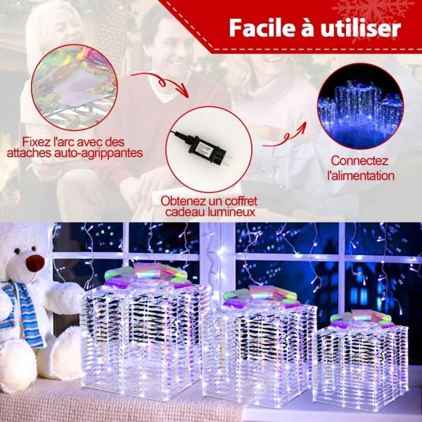 Lot de 3 Boîtes Cadeaux Irisées de Noël Boîtes Cadeaux Éclairées 156 Lumières LED Blanches Froides avec Nœuds Piquets de Sol