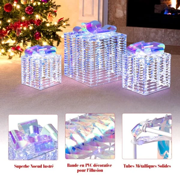 Lot de 3 Boîtes Cadeaux Irisées de Noël Boîtes Cadeaux Éclairées 156 Lumières LED Blanches Froides avec Nœuds Piquets de Sol