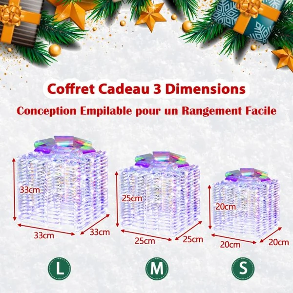 Lot de 3 Boîtes Cadeaux Irisées de Noël Boîtes Cadeaux Éclairées 156 Lumières LED Blanches Froides avec Nœuds Piquets de Sol
