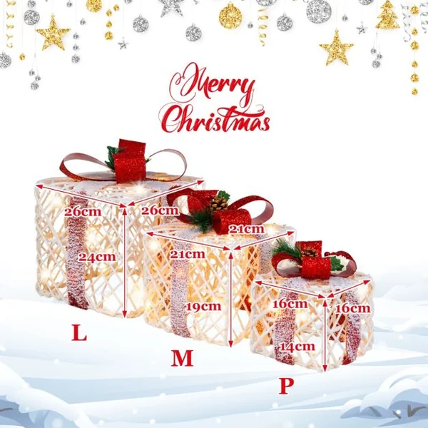 Lot de 3 Boîtes à Cadeaux Lumineuses de Noël avec 60 LED de Noël Fonction minuterie 6 heures Pommes de Pin et Feuilles