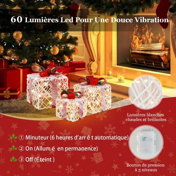 Lot de 3 Boîtes à Cadeaux Lumineuses de Noël avec 60 LED de Noël Fonction minuterie 6 heures Pommes de Pin et Feuilles