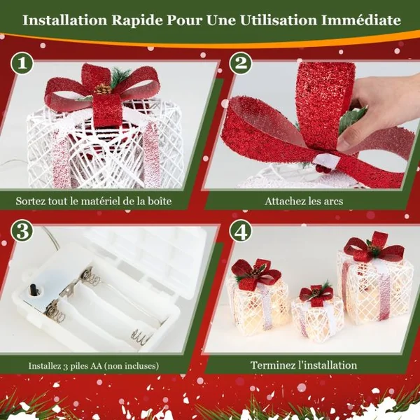 Lot de 3 Boîtes à Cadeaux Lumineuses de Noël avec 60 LED de Noël Fonction minuterie 6 heures Pommes de Pin et Feuilles