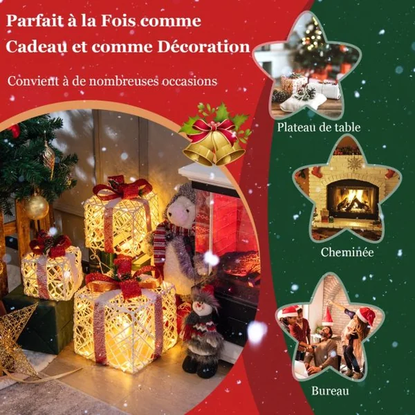 Lot de 3 Boîtes à Cadeaux Lumineuses de Noël avec 60 LED de Noël Fonction minuterie 6 heures Pommes de Pin et Feuilles