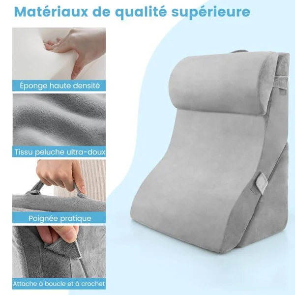 Lot de 3 Coussins de Lecture en Éponge Haute Densité avec Appuie-tête Amovible Oreiller Compensé avec Housse Amovible Gris